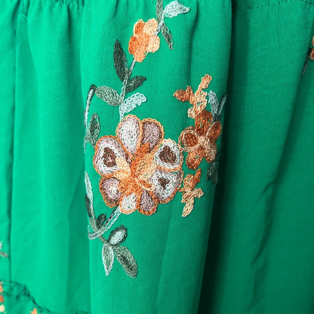 Kindred green off shoulder maxi dress with embroidered details. - Picture 2 of 5
